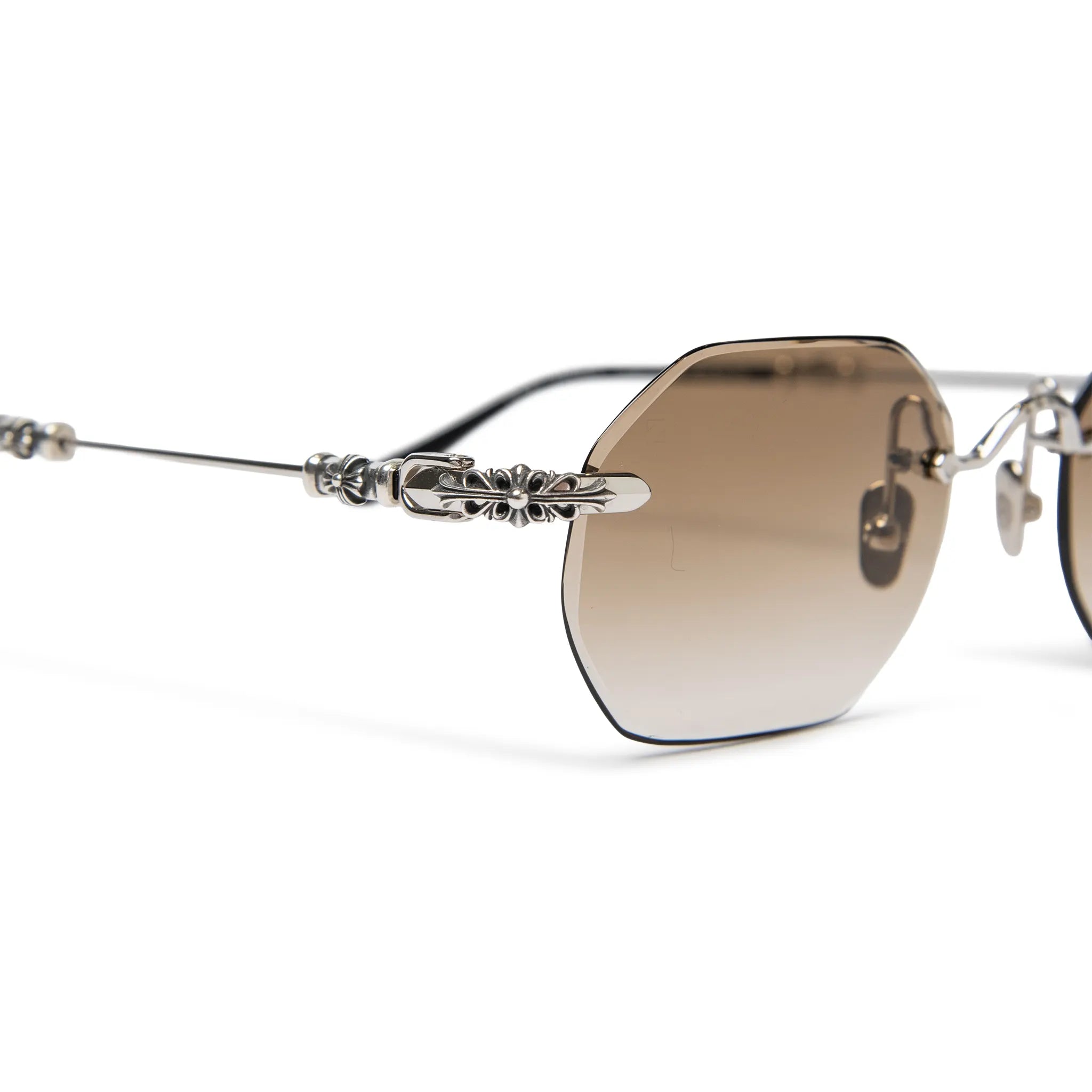 Front Detailed View of Chrome Hearts Pills III Custom Silver Brown Diamond Cut Sunglasses